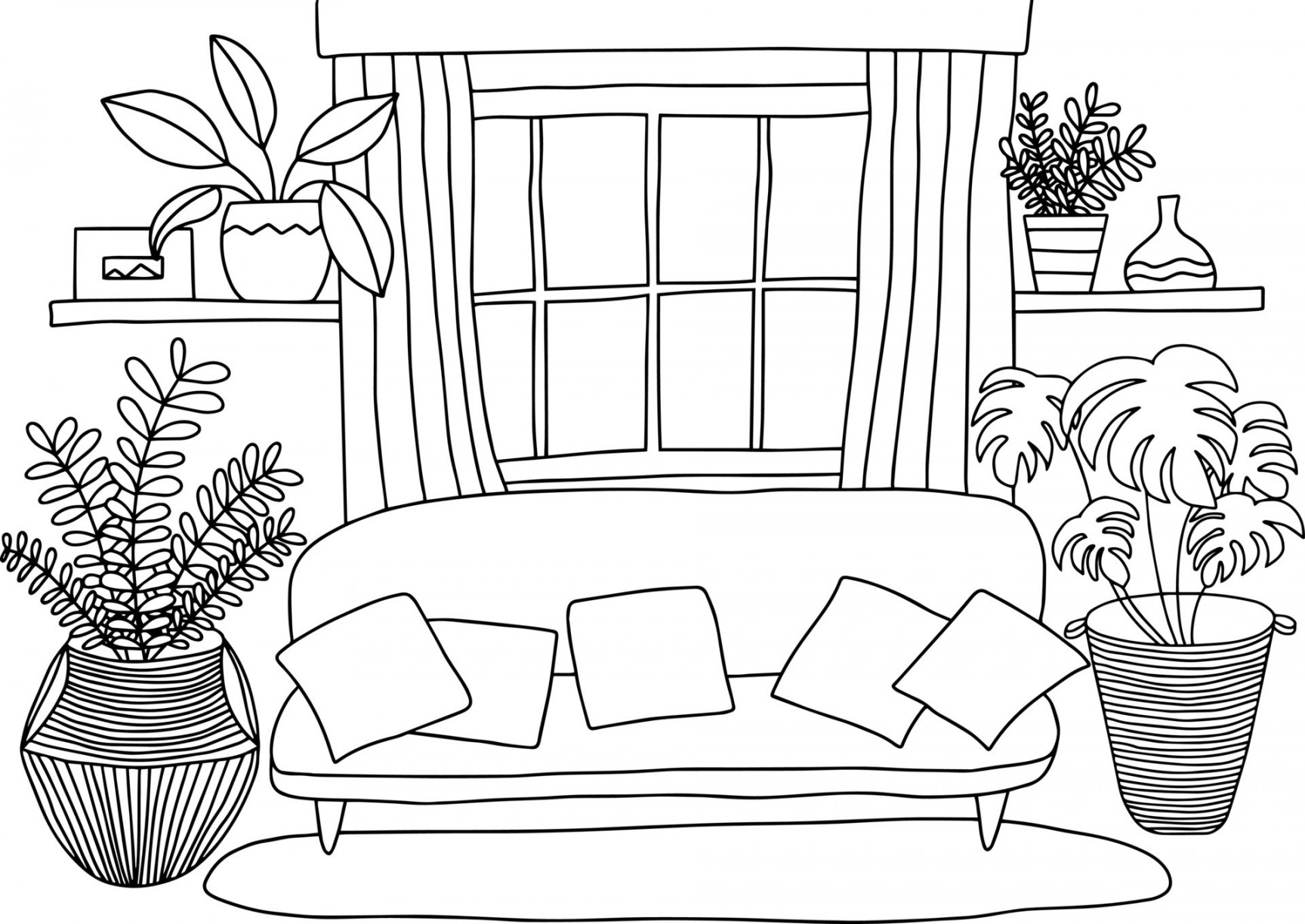 Cozy living room coloring page. Living room interior design