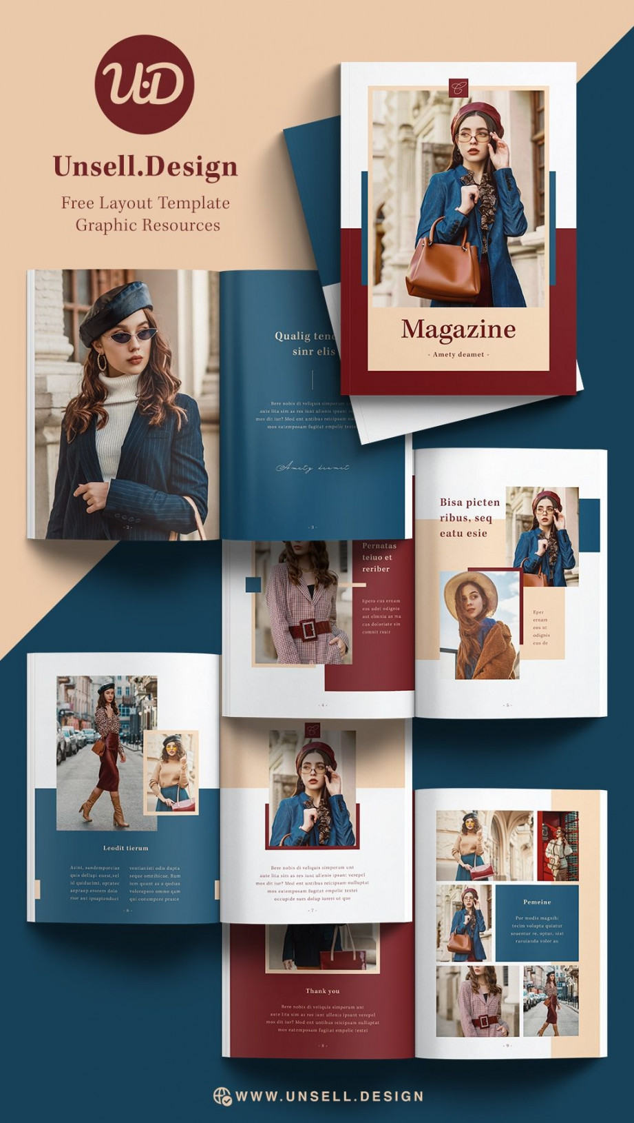 Creative Magazine Layout Design Template with Red and Blue