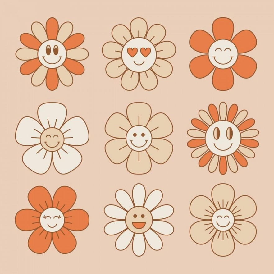 Cute and smiling flower collection in retro s style