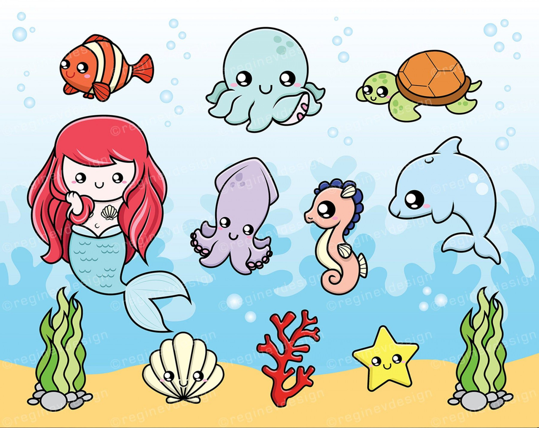 Cute Cartoon Sea Animal And Underwater Seaweed Set Isolated