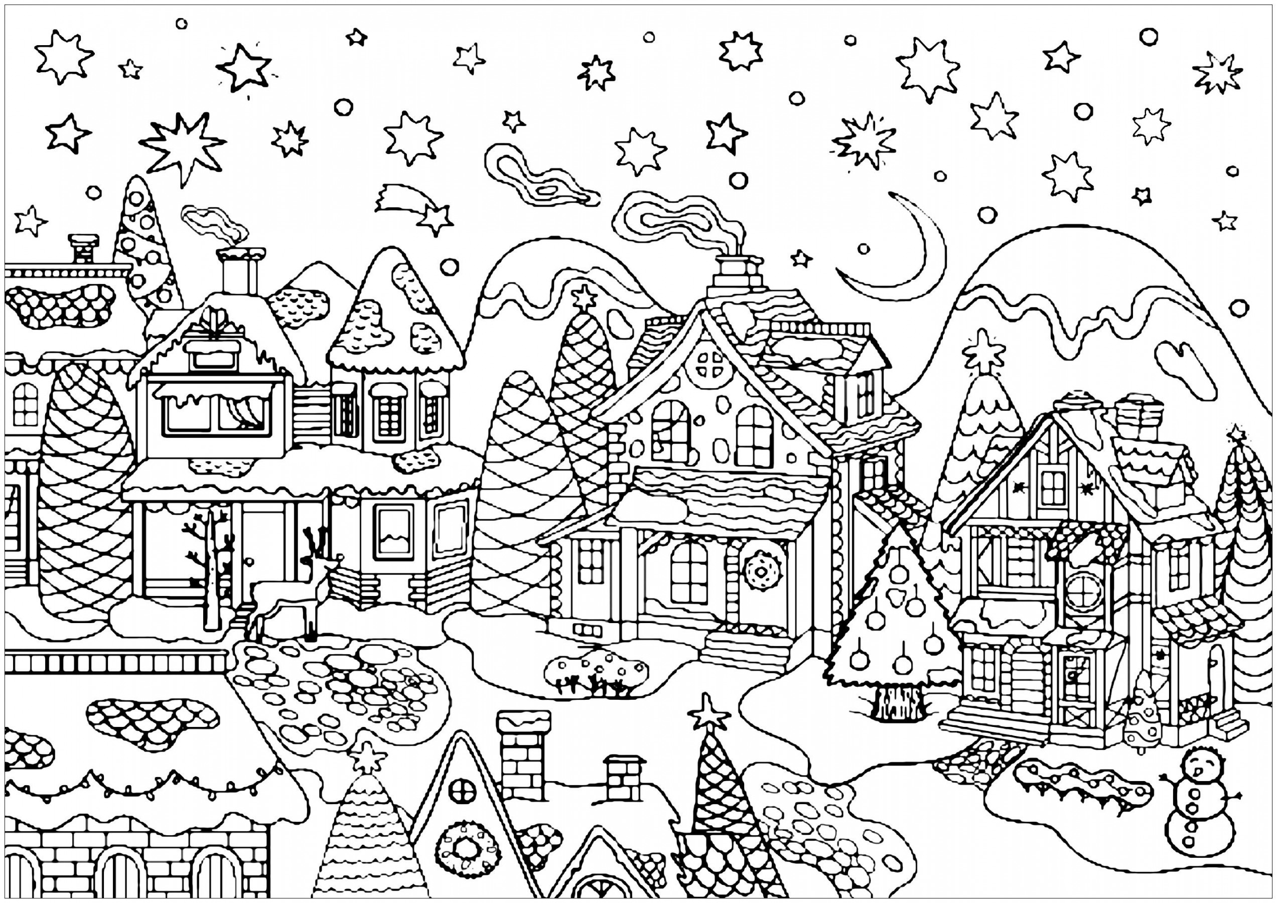 Cute Christmas village - Color all the beautiful houses of this