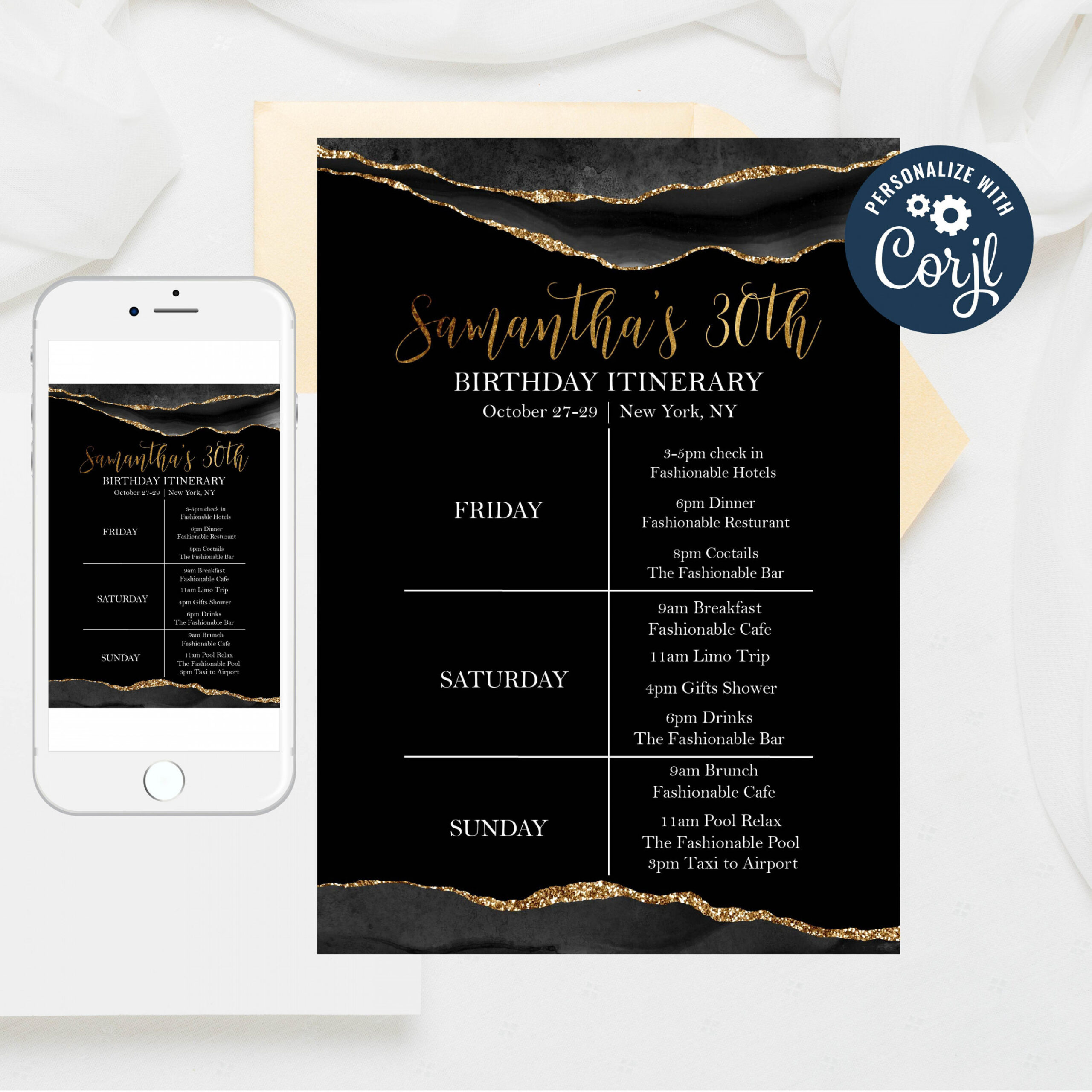 Editable Birthday Itinerary Template, Editable Birthday Itinerary, Birthday  Party, Birthday Weekend, Black Gold Itinerary, Template -