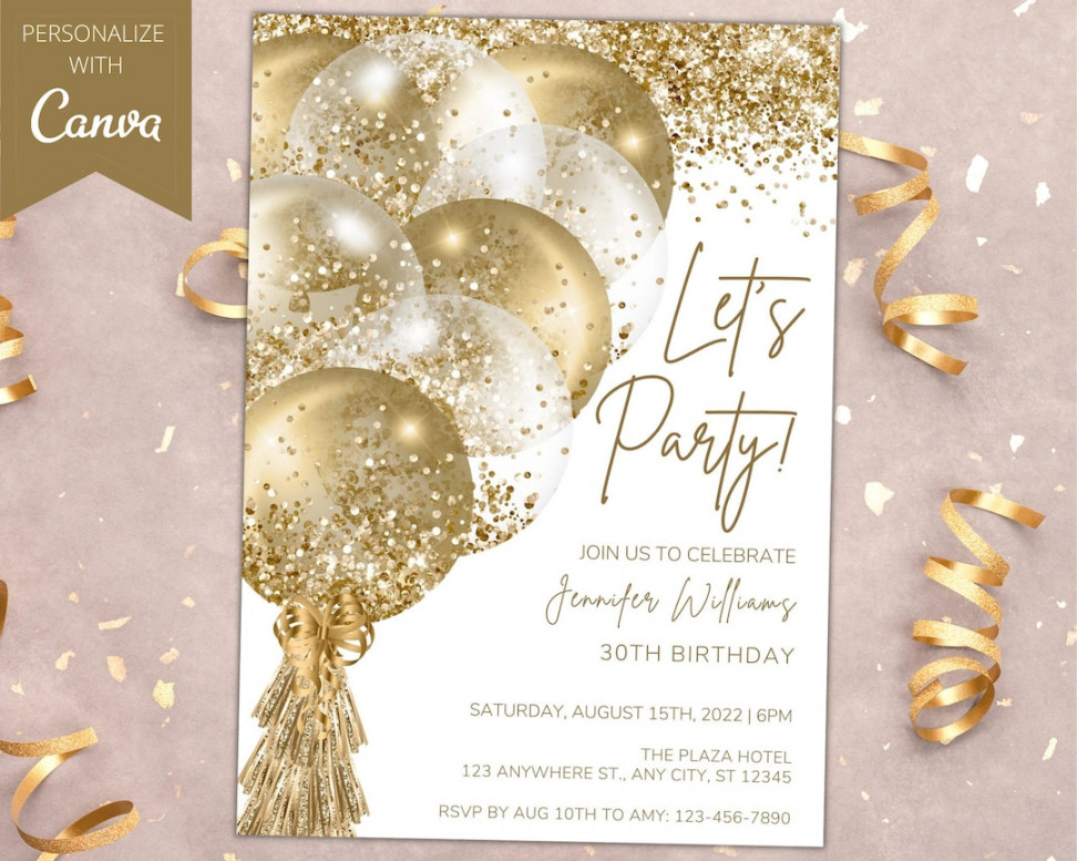 Editable White Gold Glitter Birthday Invitation Printable Birthday Party  Invite Let