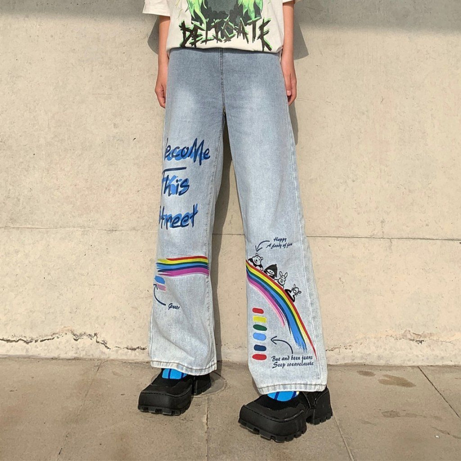 Fashion casual rainbow letters graffiti denim pants yc