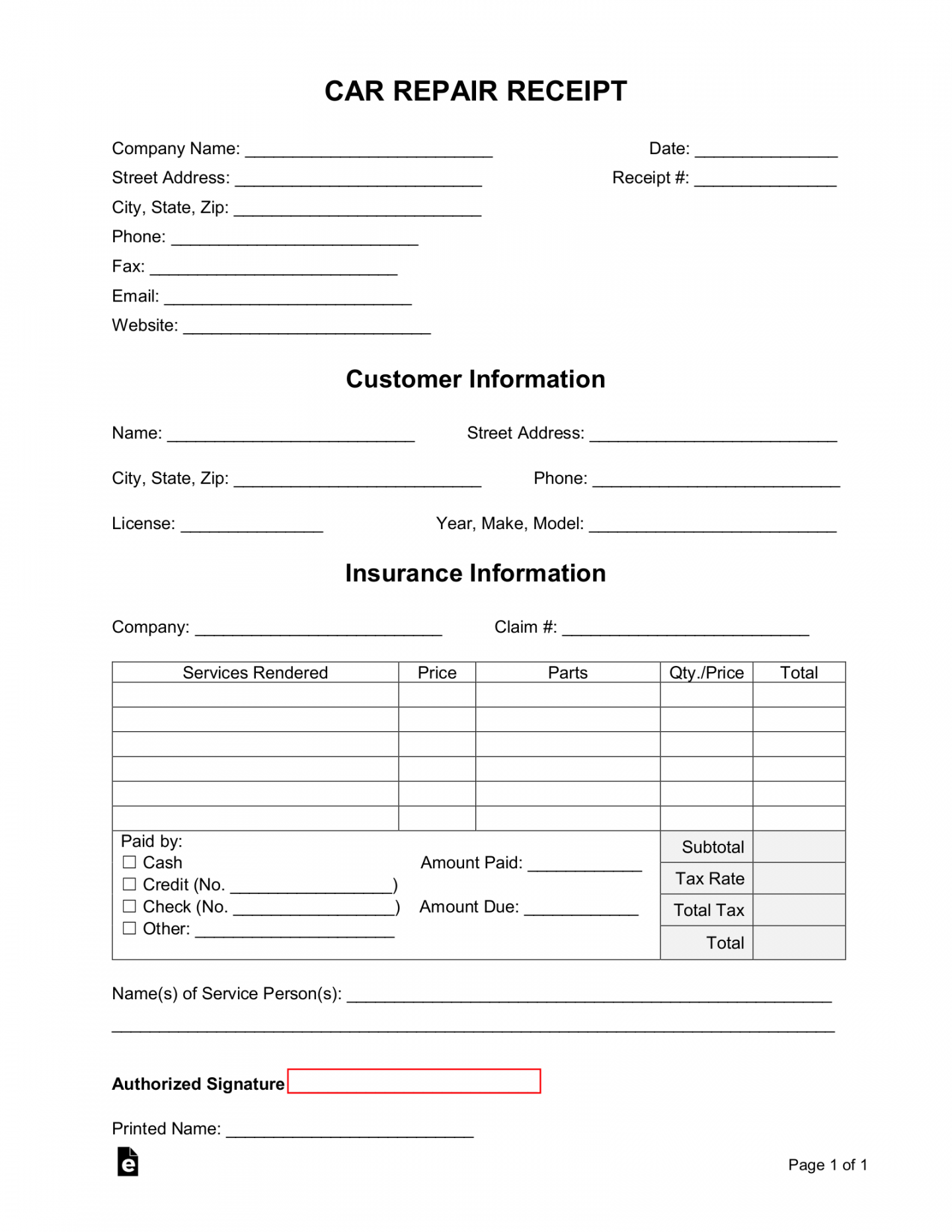 Free Car (Vehicle) Repair Receipt Template - PDF  Word – eForms