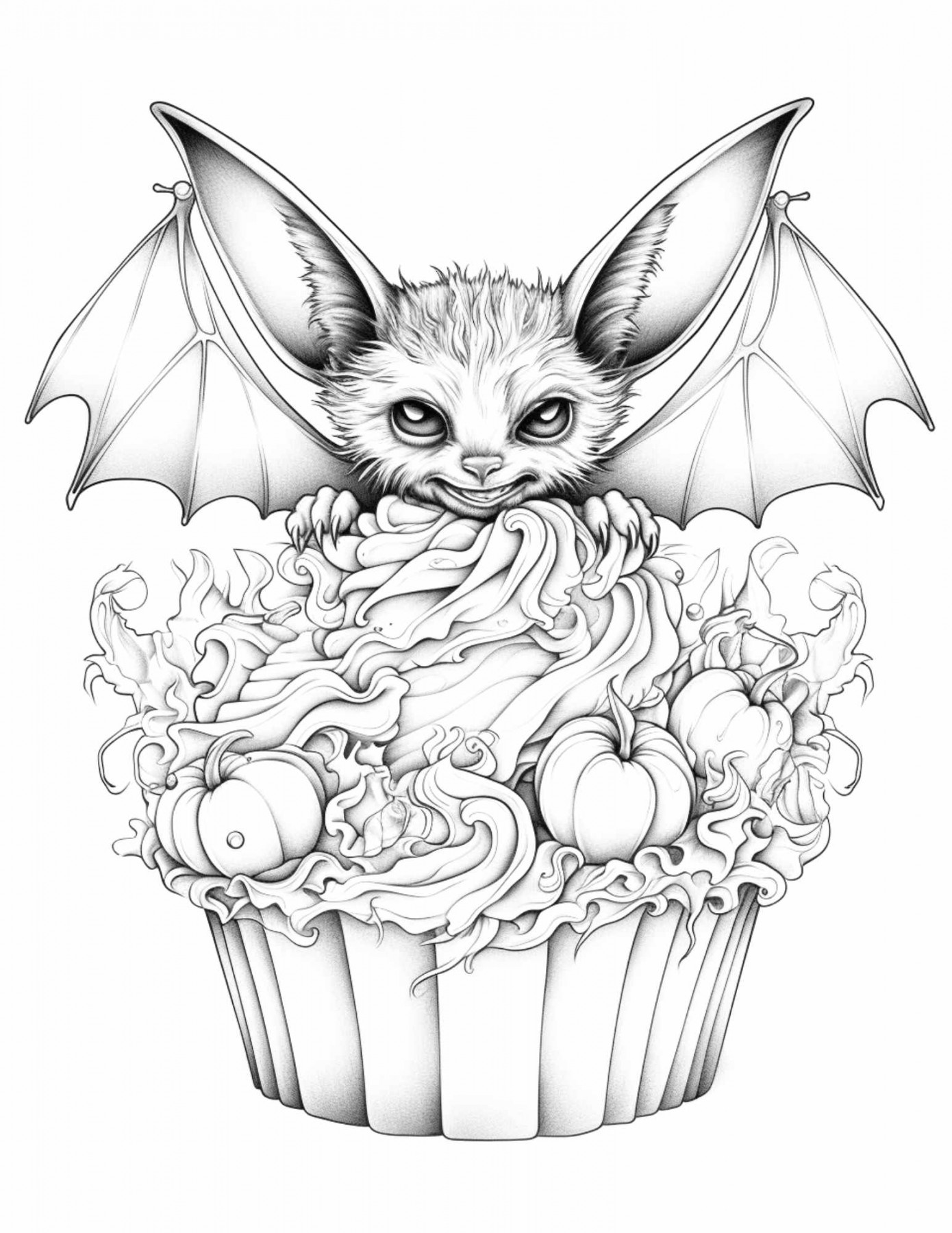 Free Halloween Spooky Cupcakes Grayscale Coloring Pages Printable for