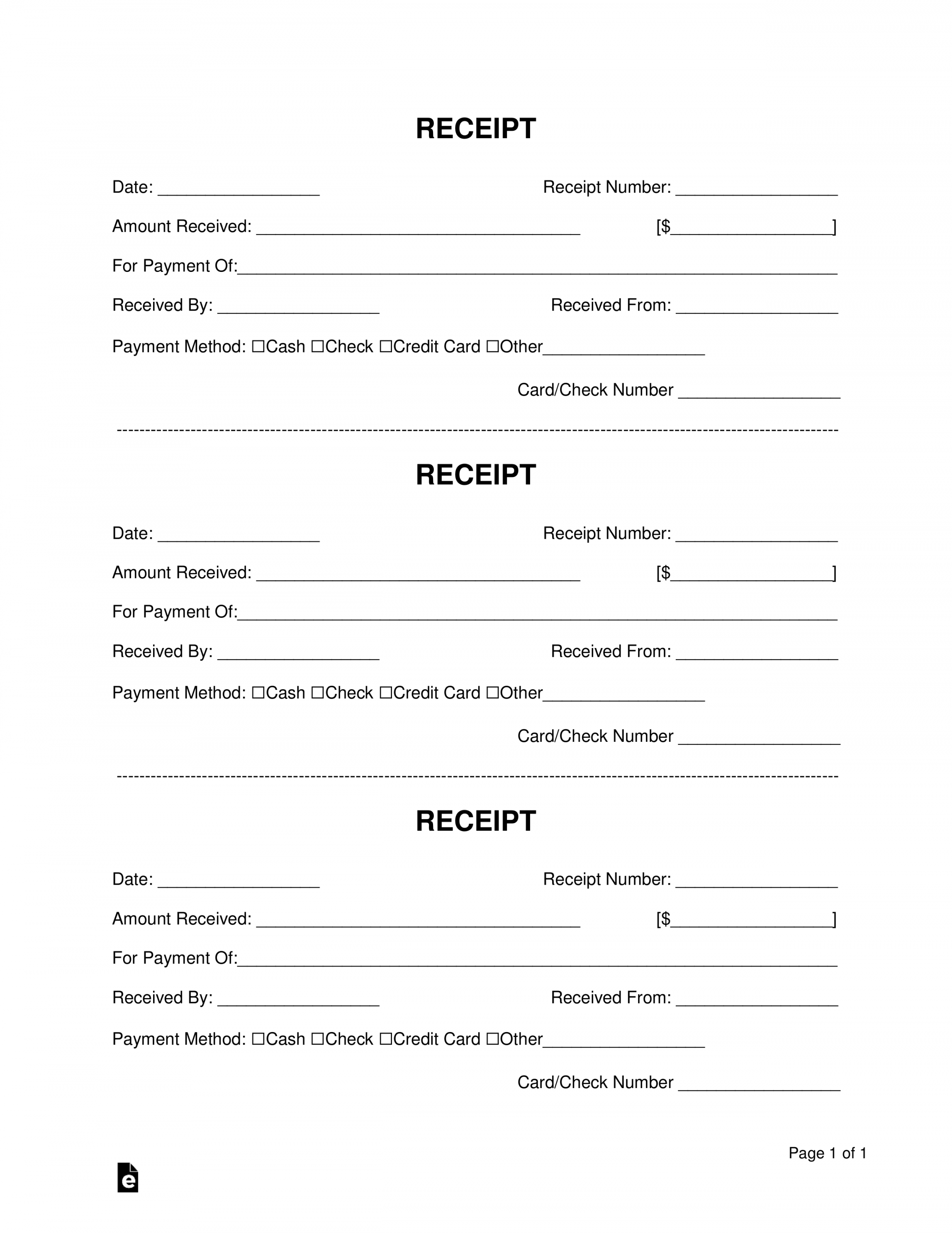 Free Receipt Book Templates  Print -Receipts per Page - PDF