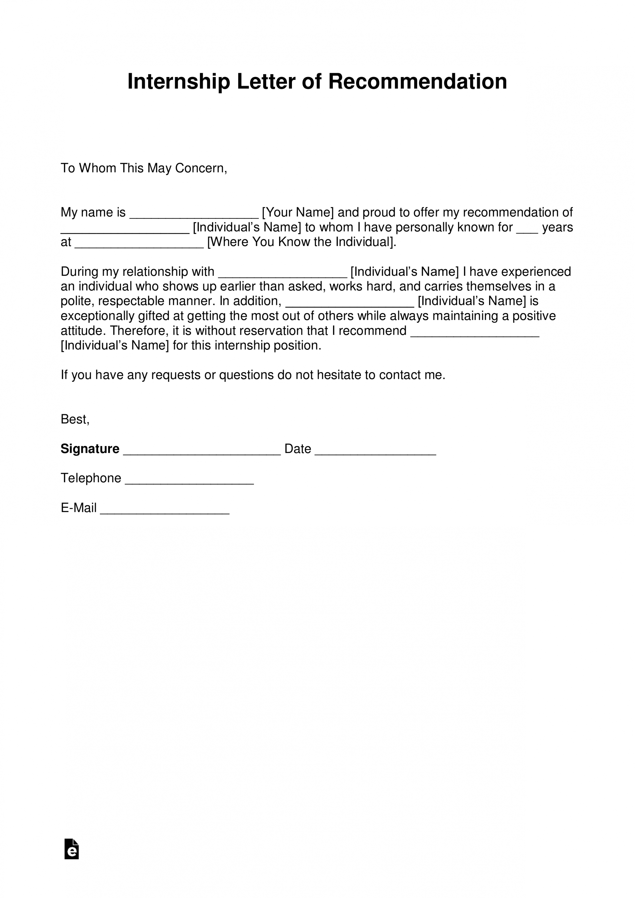 Free Recommendation Letter for Internship - with Samples - PDF