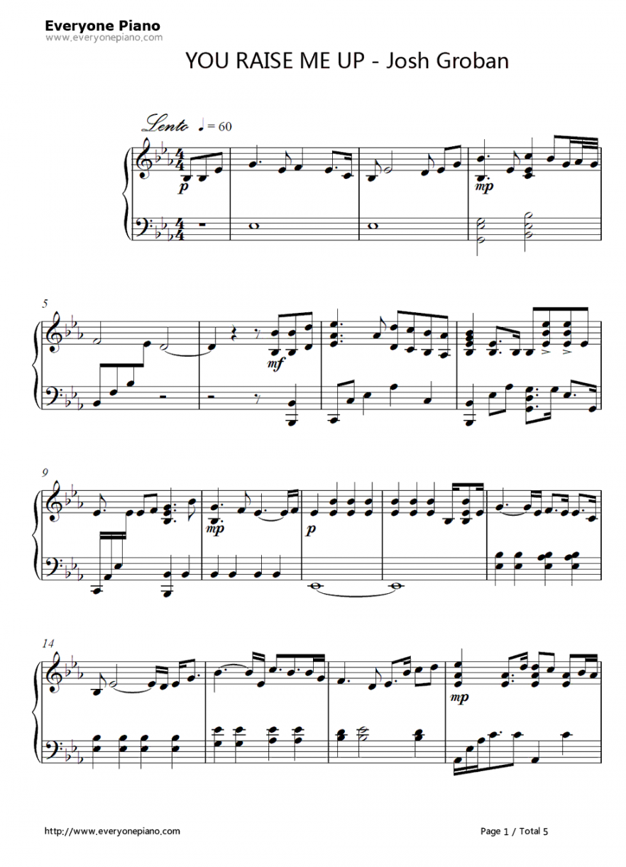 Free You Raise Me Up-Josh Groban Sheet Music Preview   Piano