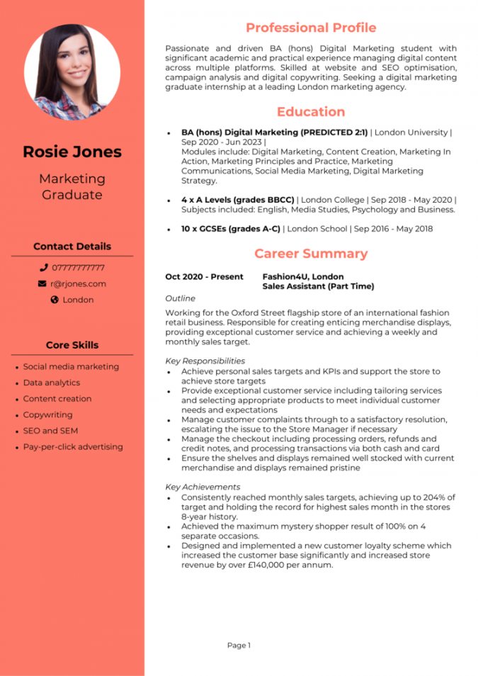 Fresh Graduate without experience CV example [Win top jobs]