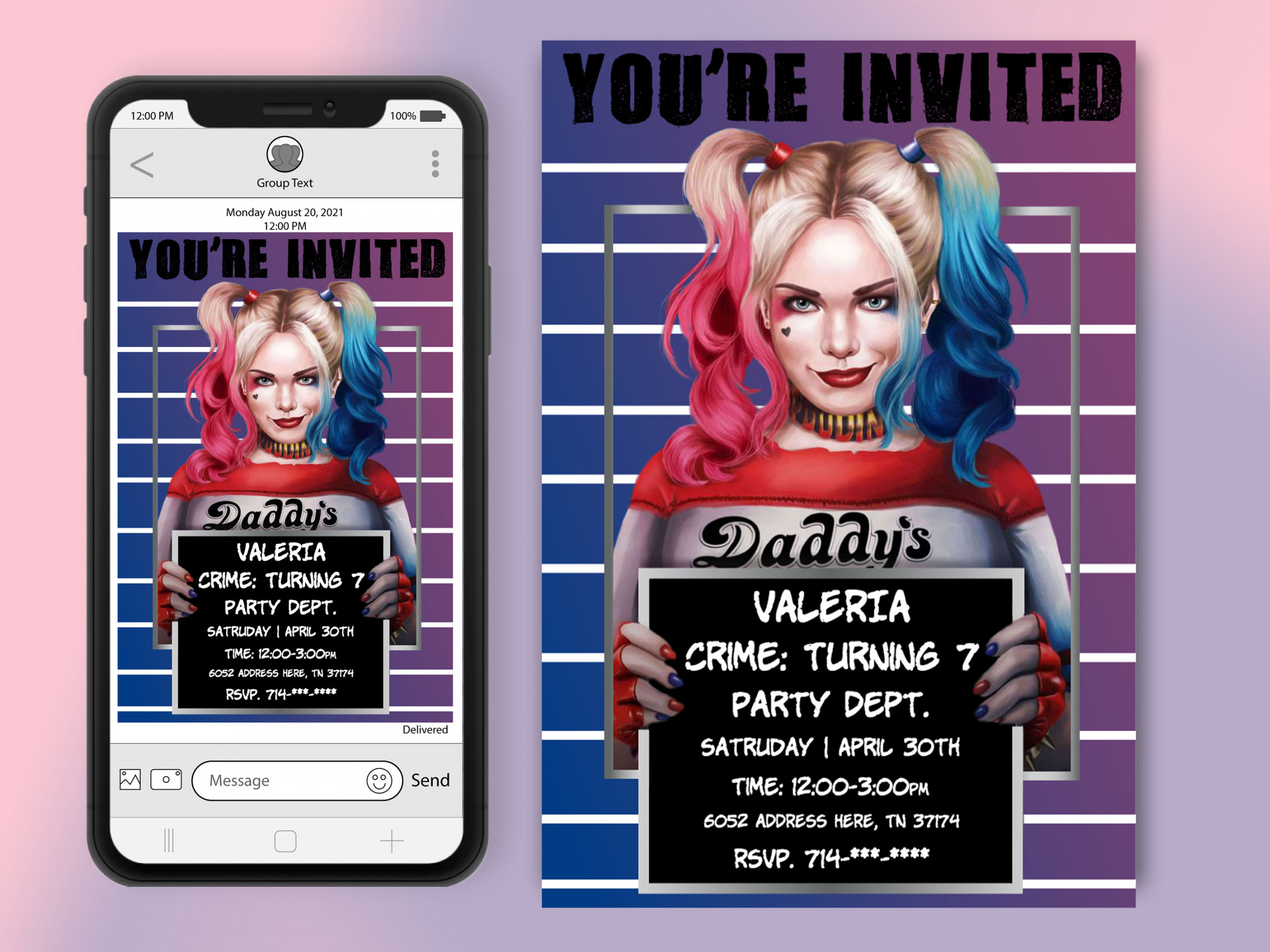 Harley Quinn Digital Birthday Invitation  E Invite  Digital Invite   Editing is taken care of