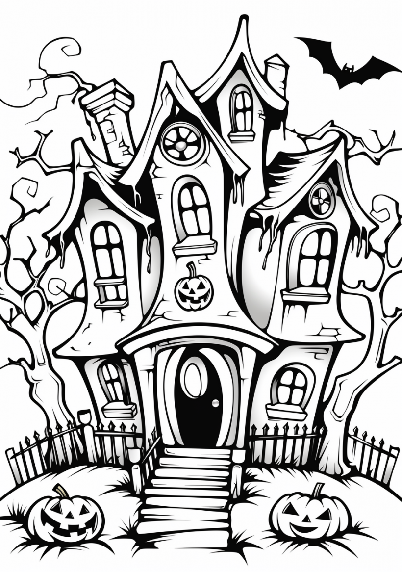 Haunted House Halloween Splendor - Halloween Coloring Page: Fun