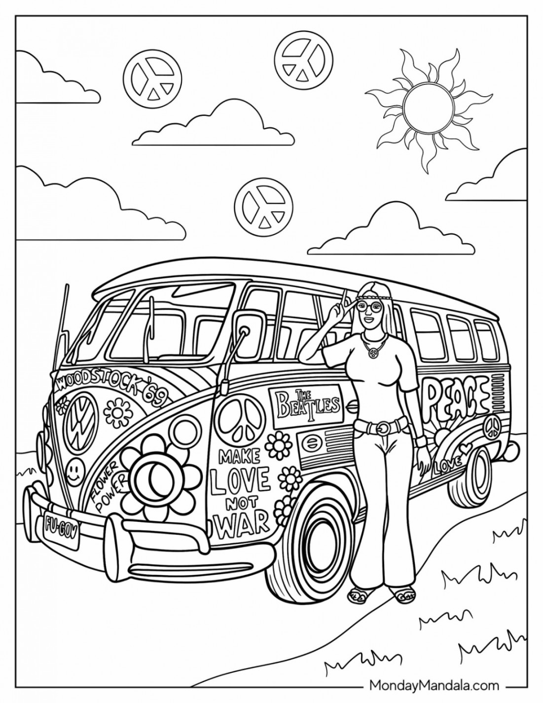 Hippie Coloring Pages (Free PDF Printables)