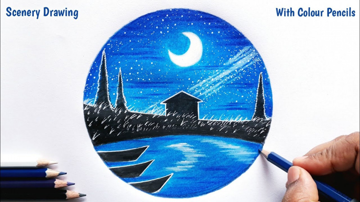 How to draw a Beautiful Moonlight Scenery with Colour Pencils  Pencil  Colour Drawing for Beginners