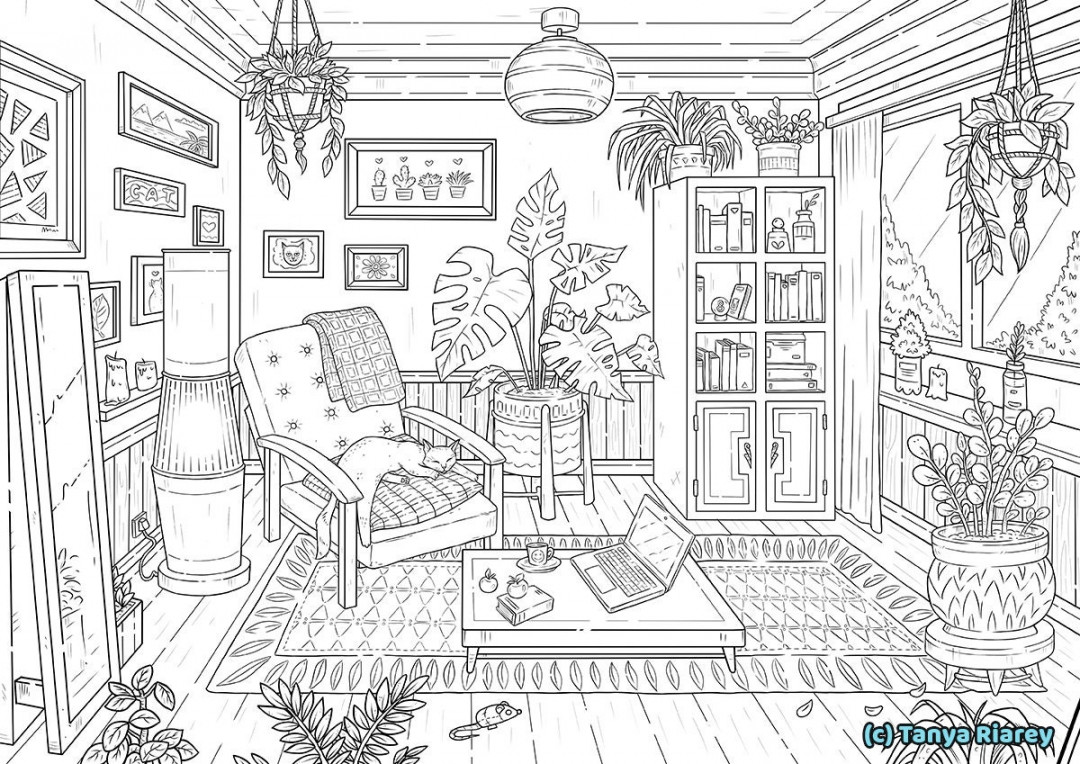 Interior Coloring Page Adult Colouring Book Cats & Plants - Etsy