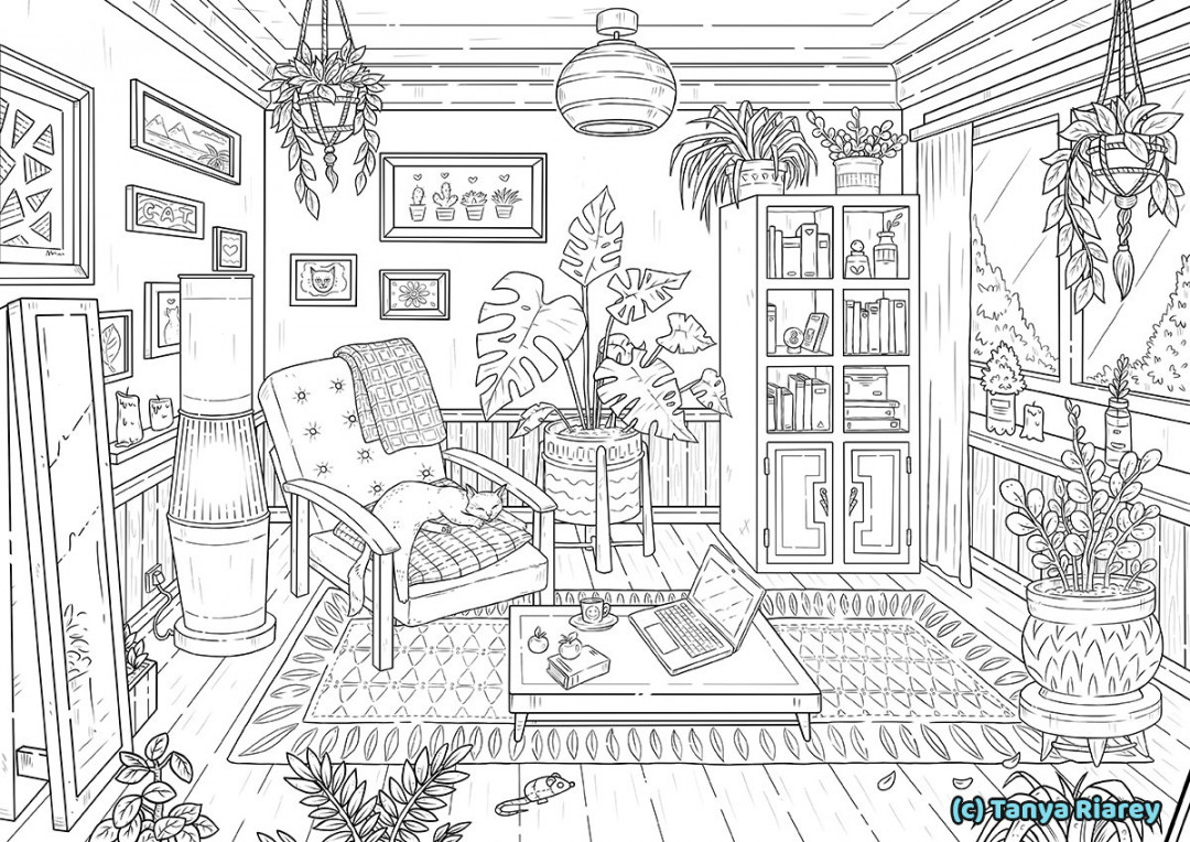 Interior Coloring Page Adult Colouring Book Cats & Plants - Etsy