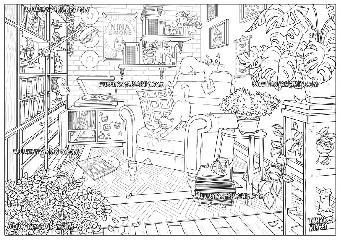 Interior Coloring Page Aesthetic Room Detailed Coloring - Etsy Canada