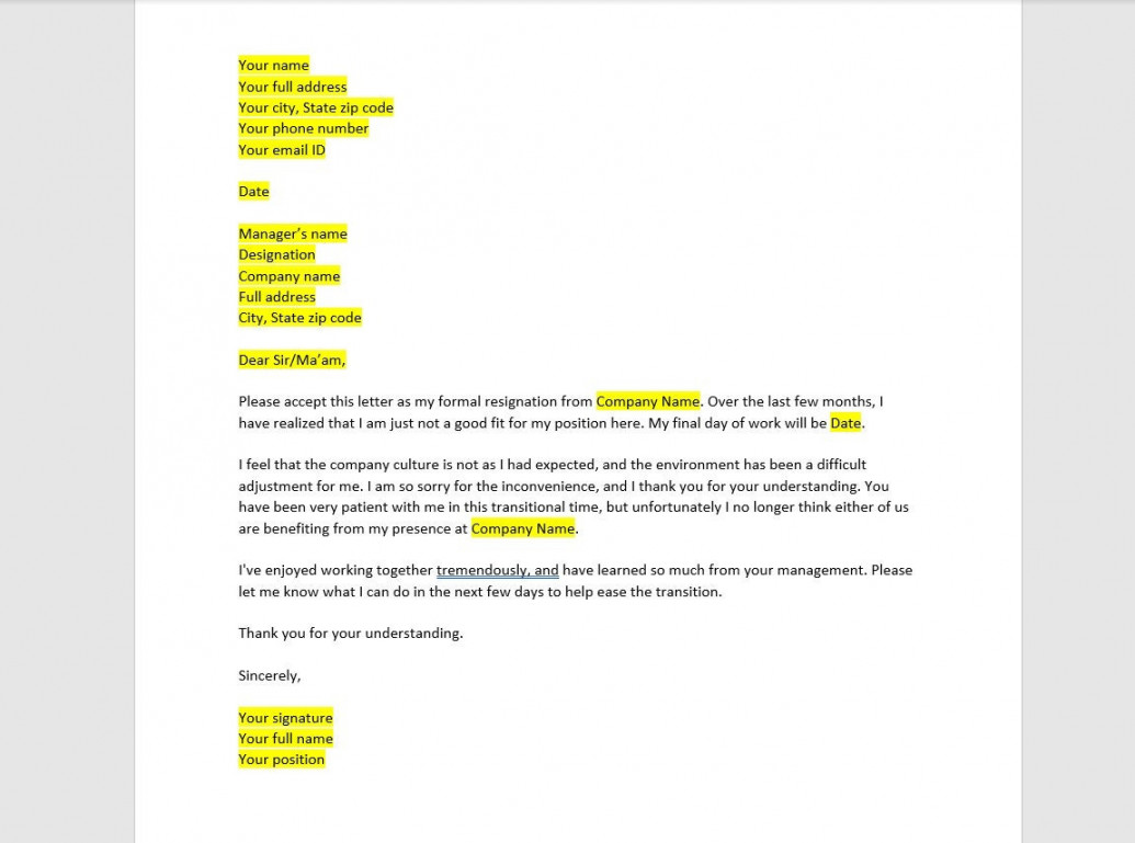 Job Not a Good Fit Resignation Letter Template, Resignation Letter,  Resignation Template, Resignation Letter Template