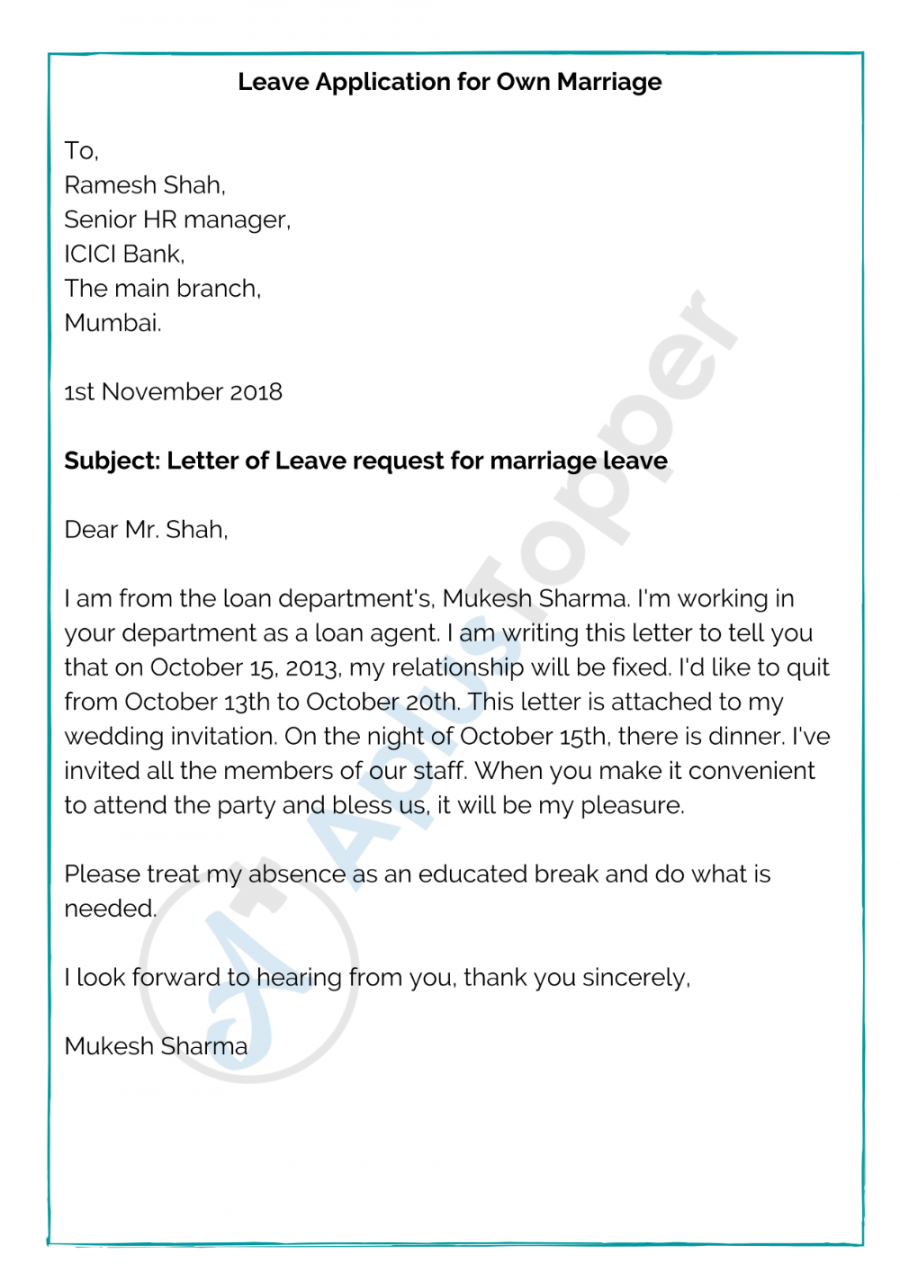 Leave Application for Marriage  Sample Letter for How to write a