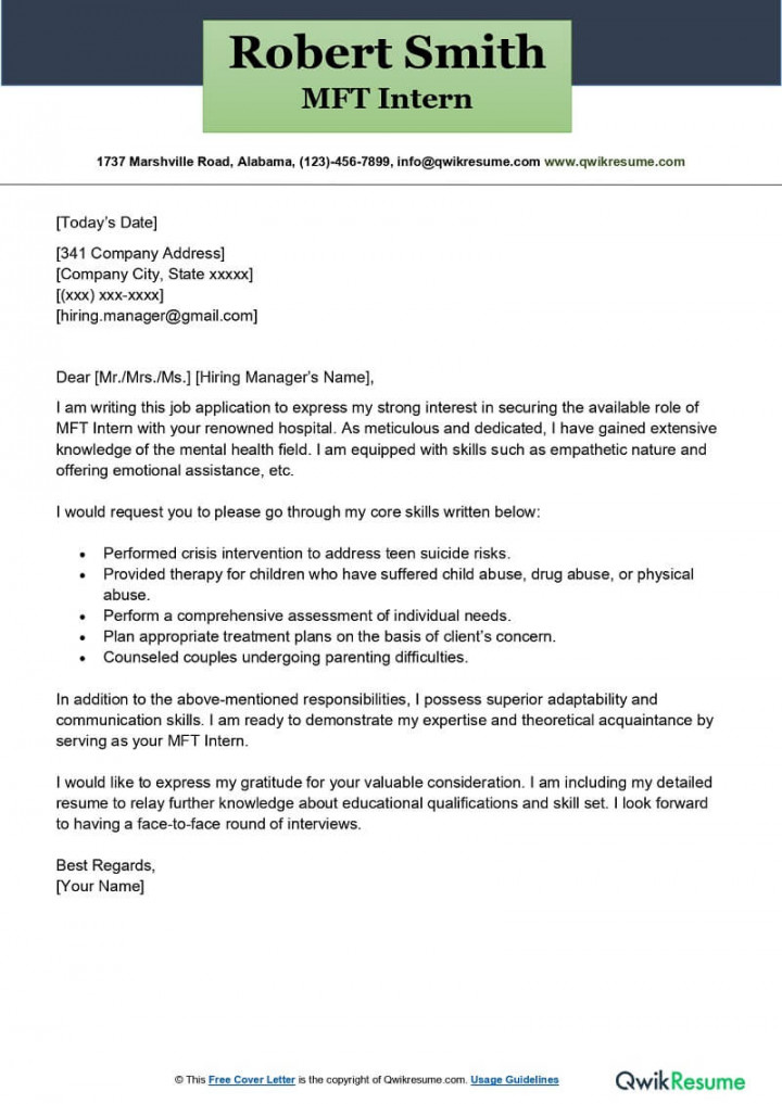 MFT Intern Cover Letter Examples - QwikResume