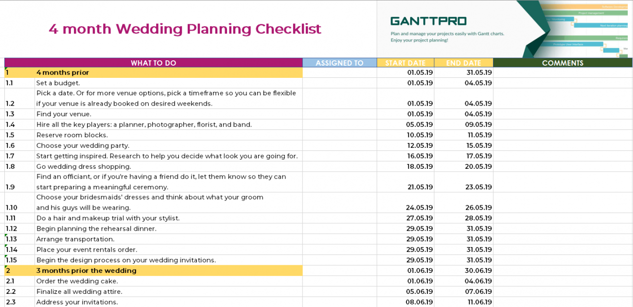 month wedding planning checklist  Excel Template  Free Download