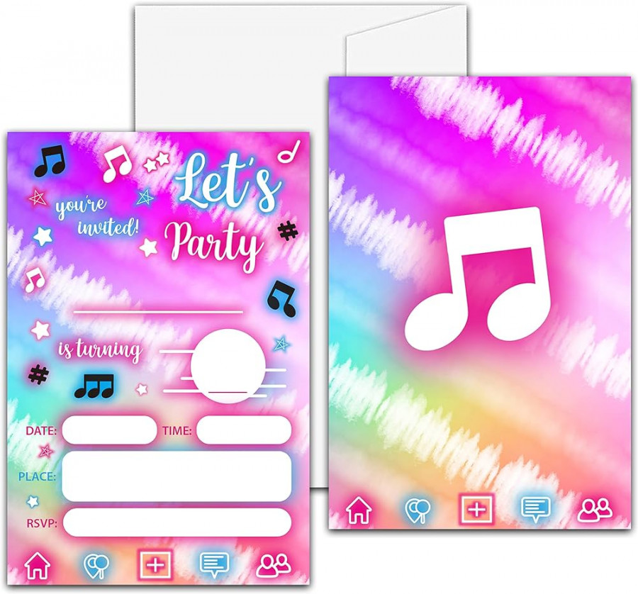 Music Themed Birthday Party Invitations, Music Notes, Neon Invitations for  Teens, Boys and Girls,  Invitations with Envelopes ( x  inches), Kids