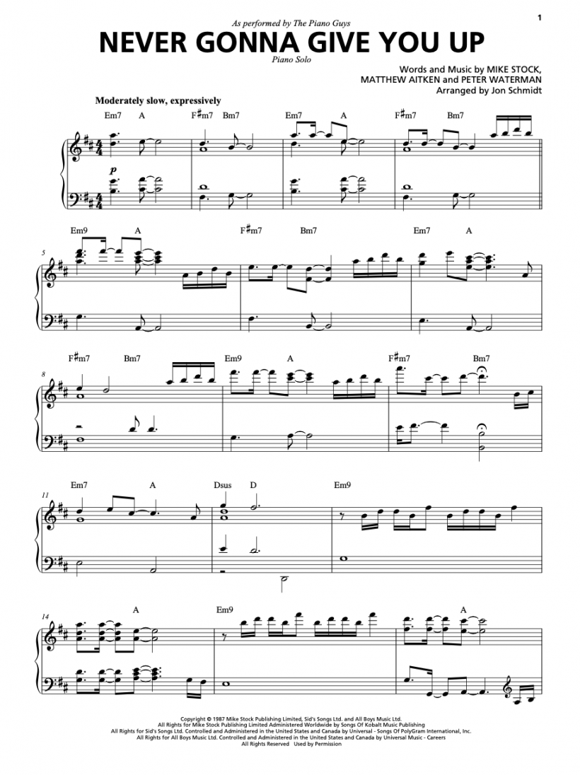 Never Gonna Give You Up Piano Solo Sheet Music Digital Download