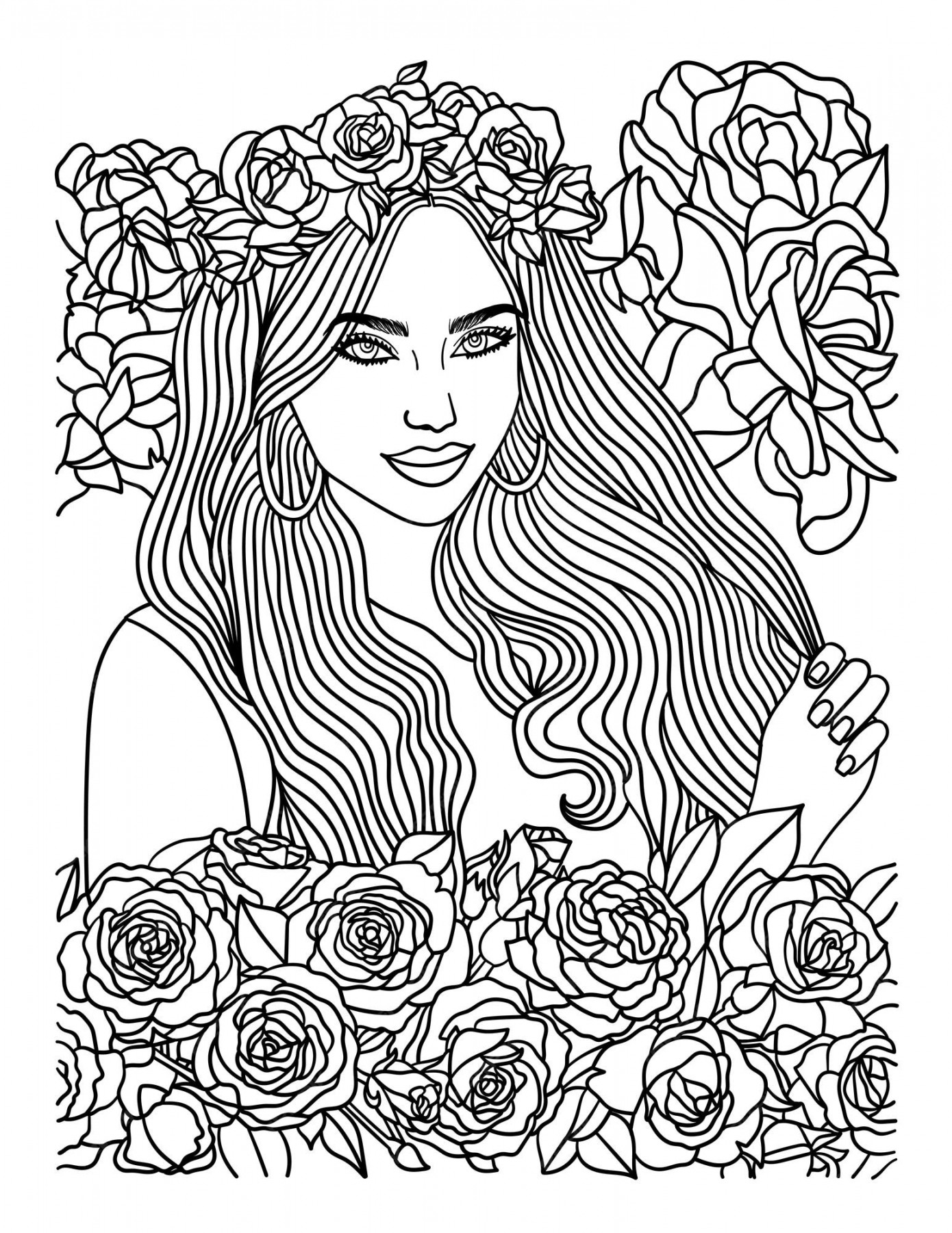 Premium Vector  Asian flower girl coloring page for adults