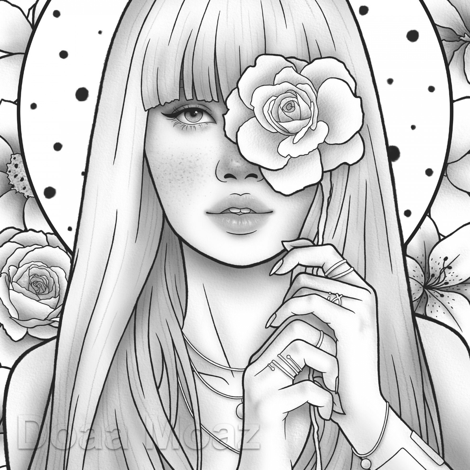 Printable Coloring Page Korean Girl Floral Fantasy Portrait - Etsy