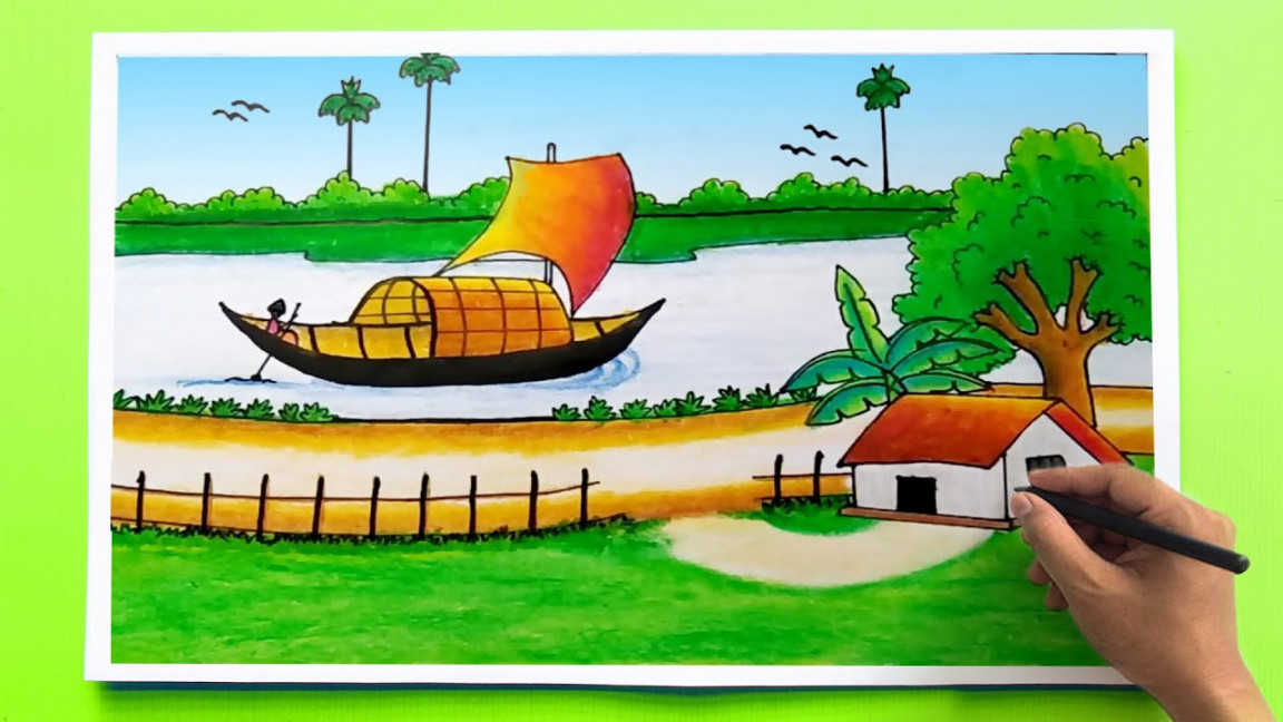 Riverside Scenery Drawing  Landscape drawing - Drawing Class-