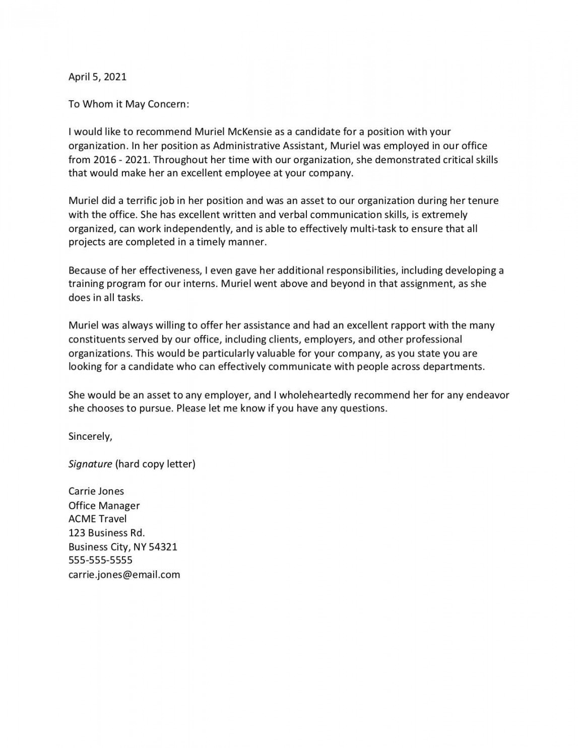 Sample Reference Letter for an Employee