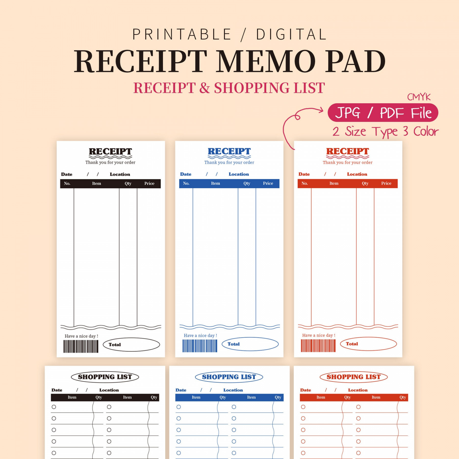 Simple Receipt & Shopping List Checklist Memo Pad Printable - Etsy