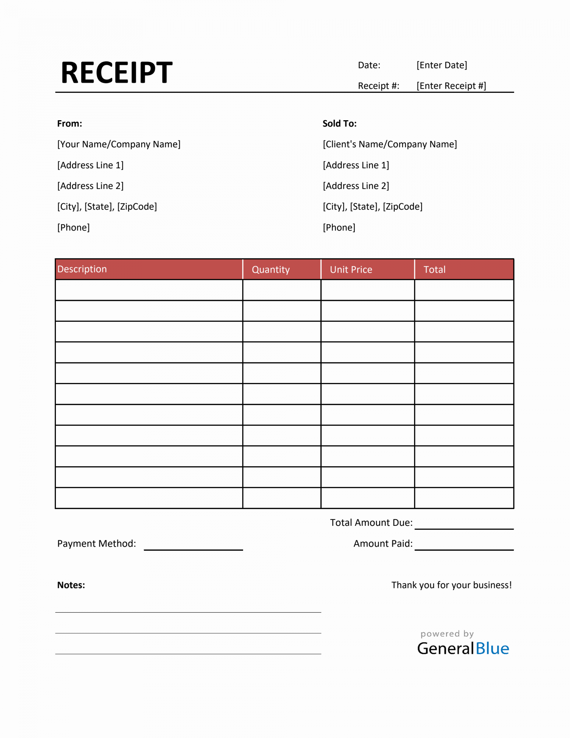 Simple Receipt Template in Excel (Red)