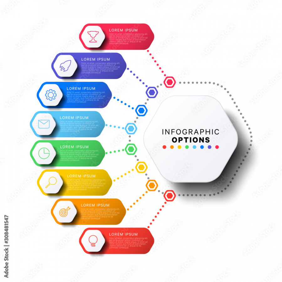 steps infographic template with realistic hexagonal elements on