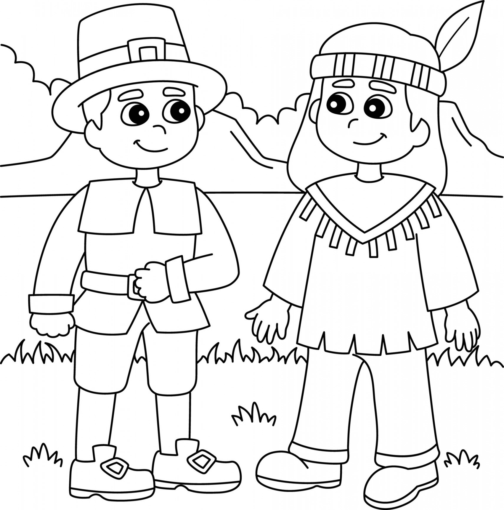 Thanksgiving Pilgrim Native American Boy Coloring  Vector