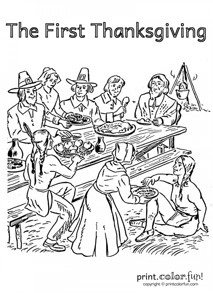 This first Thanksgiving coloring page — featuring the Pilgrims and