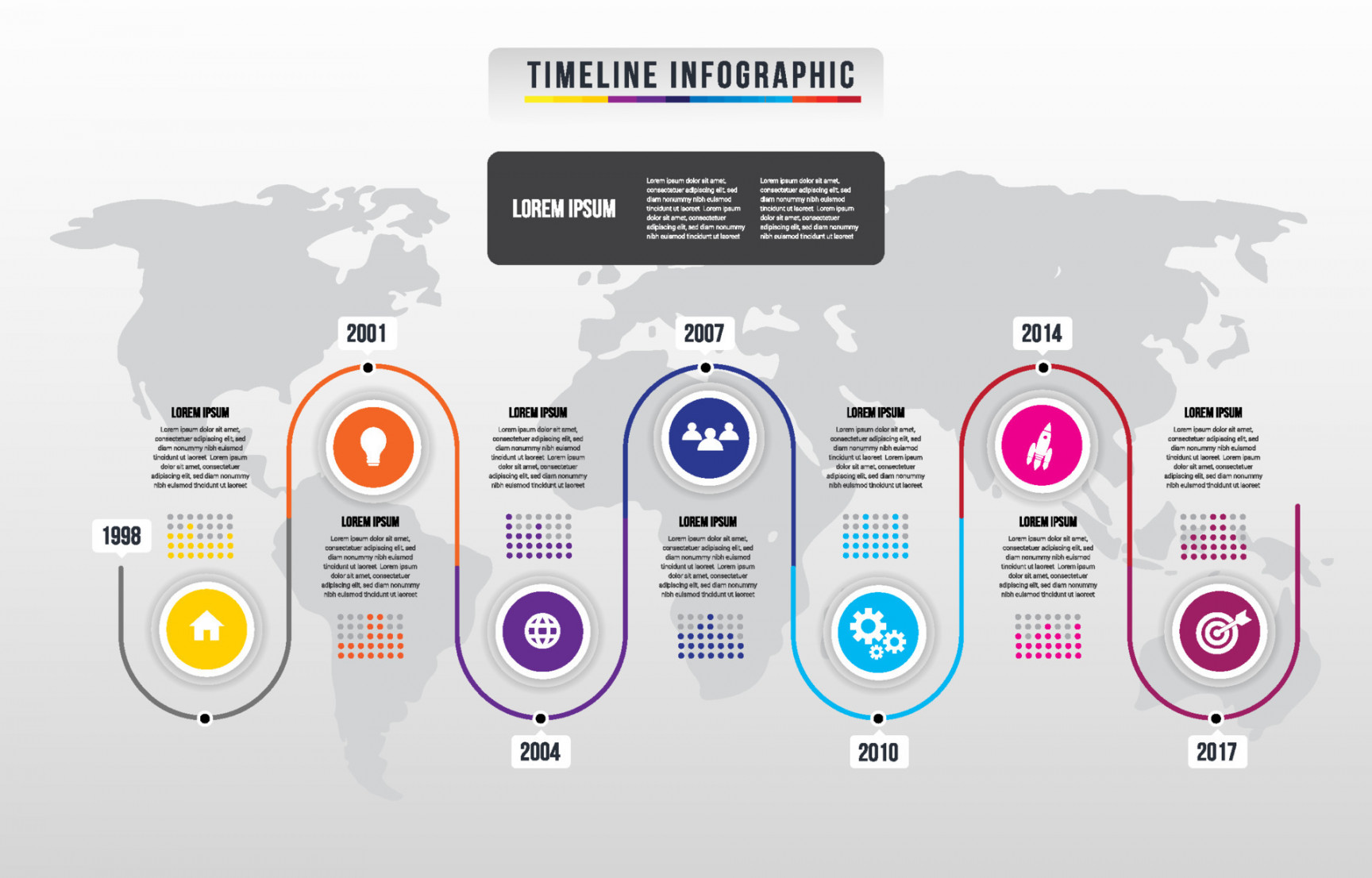 Timeline Infographic with World Map Template  Vector Art at