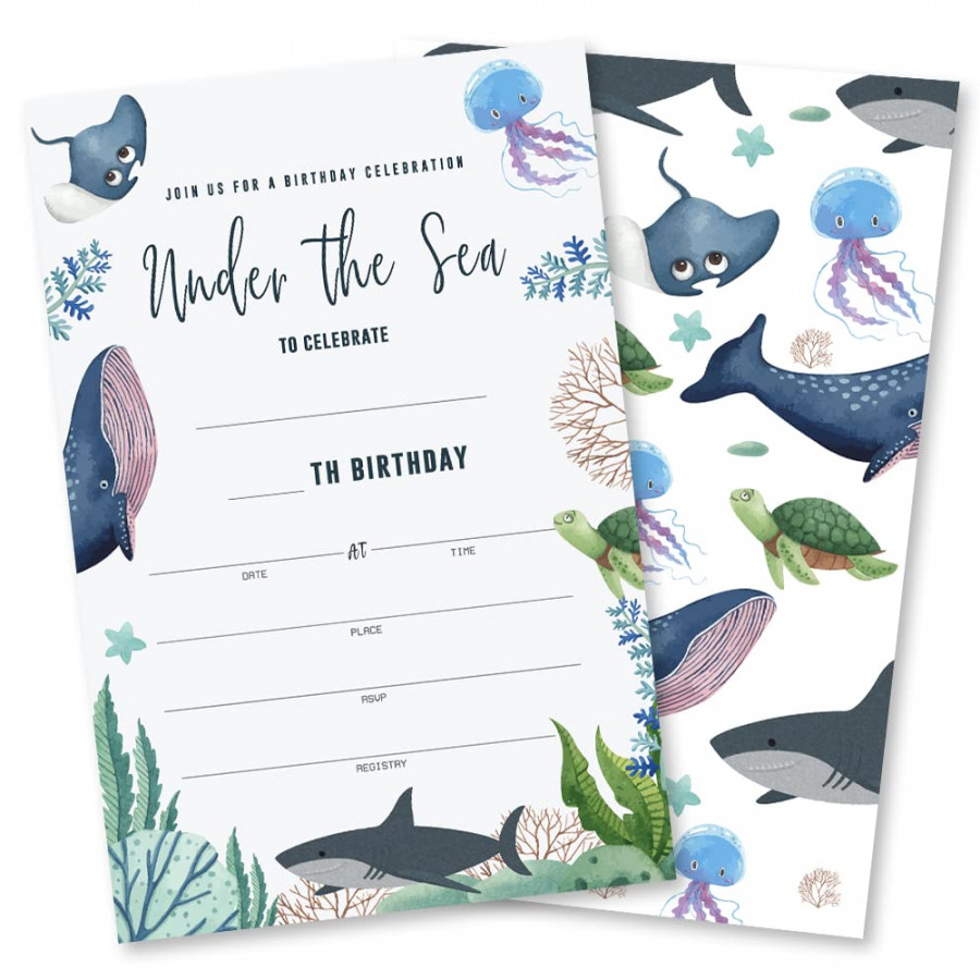 Under the Sea Birthday Invitations, Sea Animals, Whale, Shark