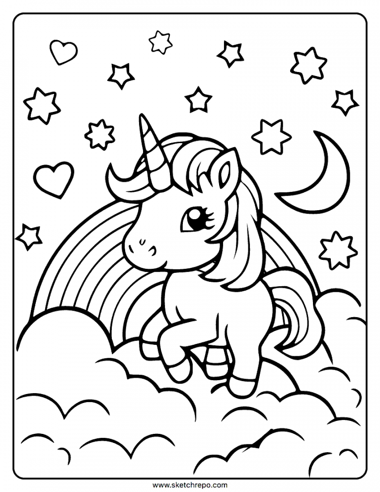 Unicorn With Rainbow Coloring Page - Sketch Repo