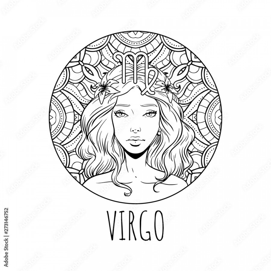 Virgo zodiac sign artwork, adult coloring book page, beautiful