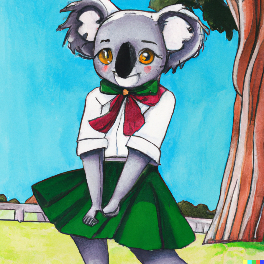 A cute female anthropomorphic koala wearing a school uniform and a