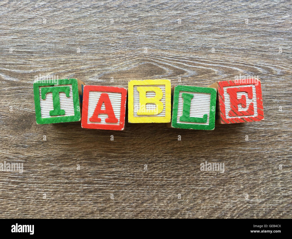 Alphabet wood block letters forming the word TABLE, combining