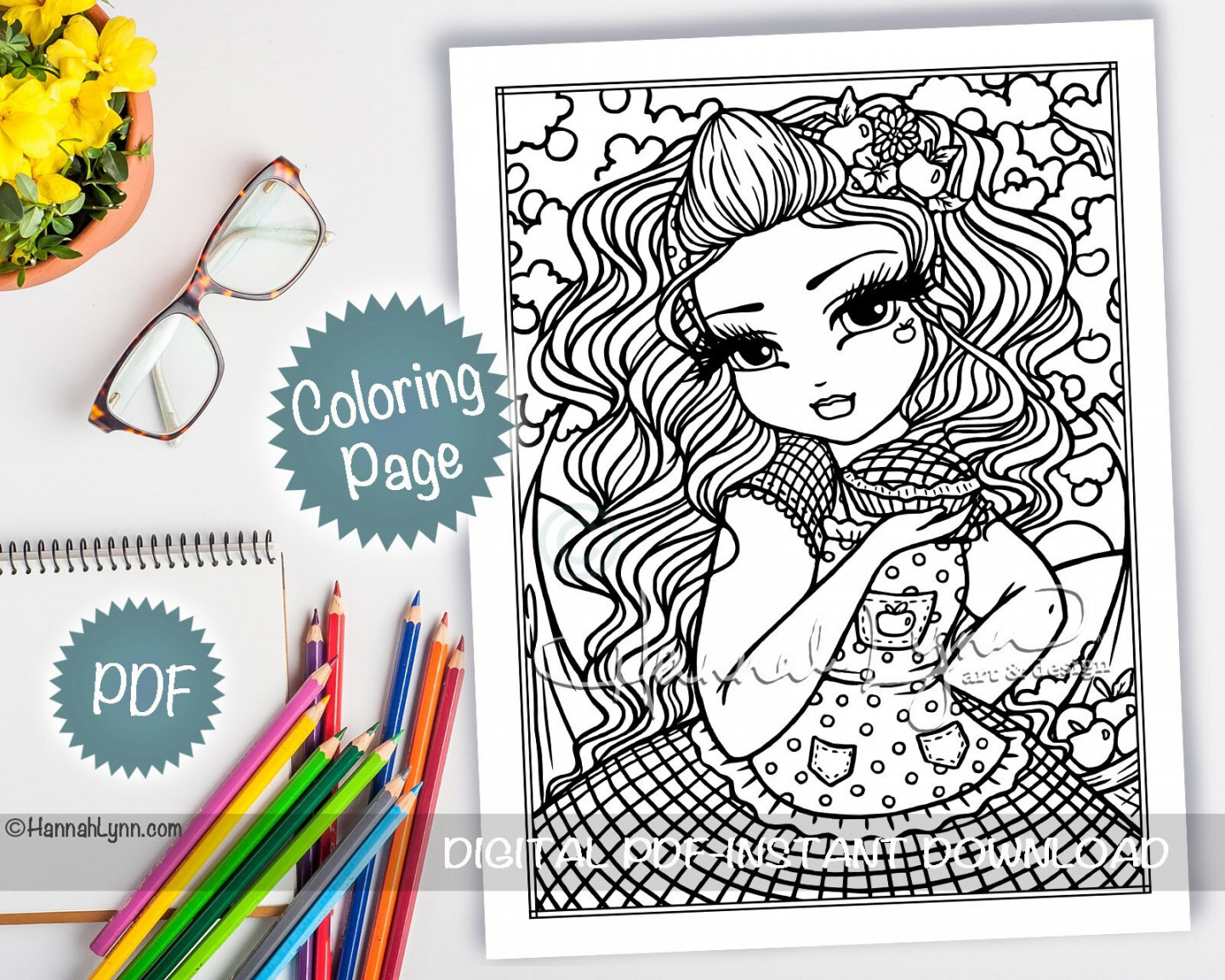 Apple Dumplin Girl Cute Fall Autumn Harvest Pie Halloween Coloring Page PDF  Download Printable Hand Drawn Whimsy Girls Line Art Hannah Lynn