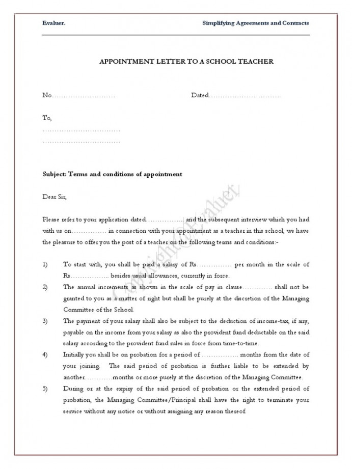 Appointment Letter To A School Teacher  PDF