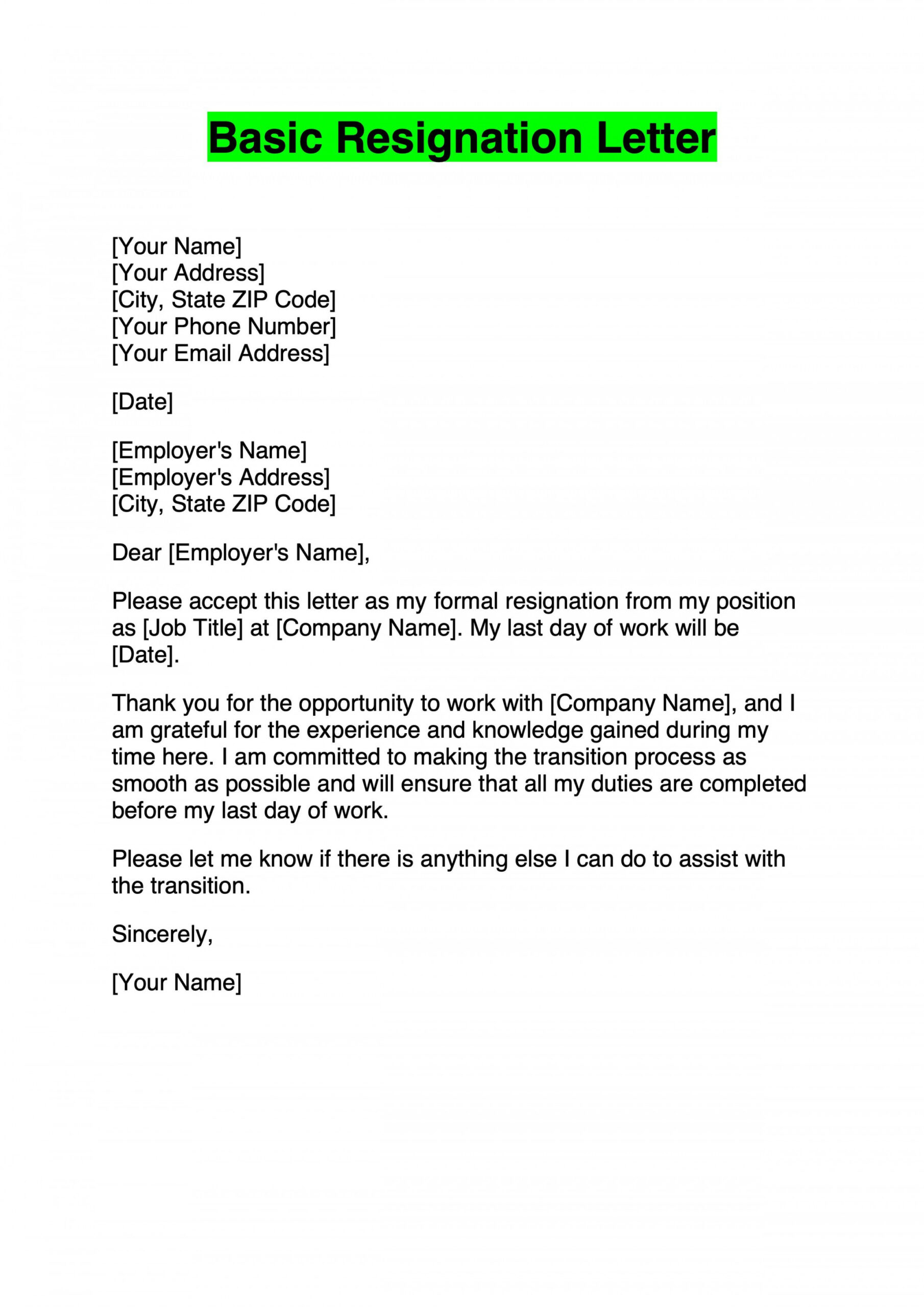 Basic Resignation Letter Template in   Job resignation letter