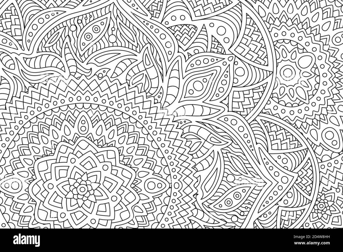 Beautiful adult coloring book page with monochrome detailed