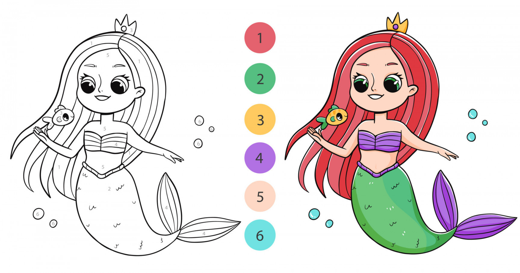 Color by numbers coloring book for kids with cute mermaid