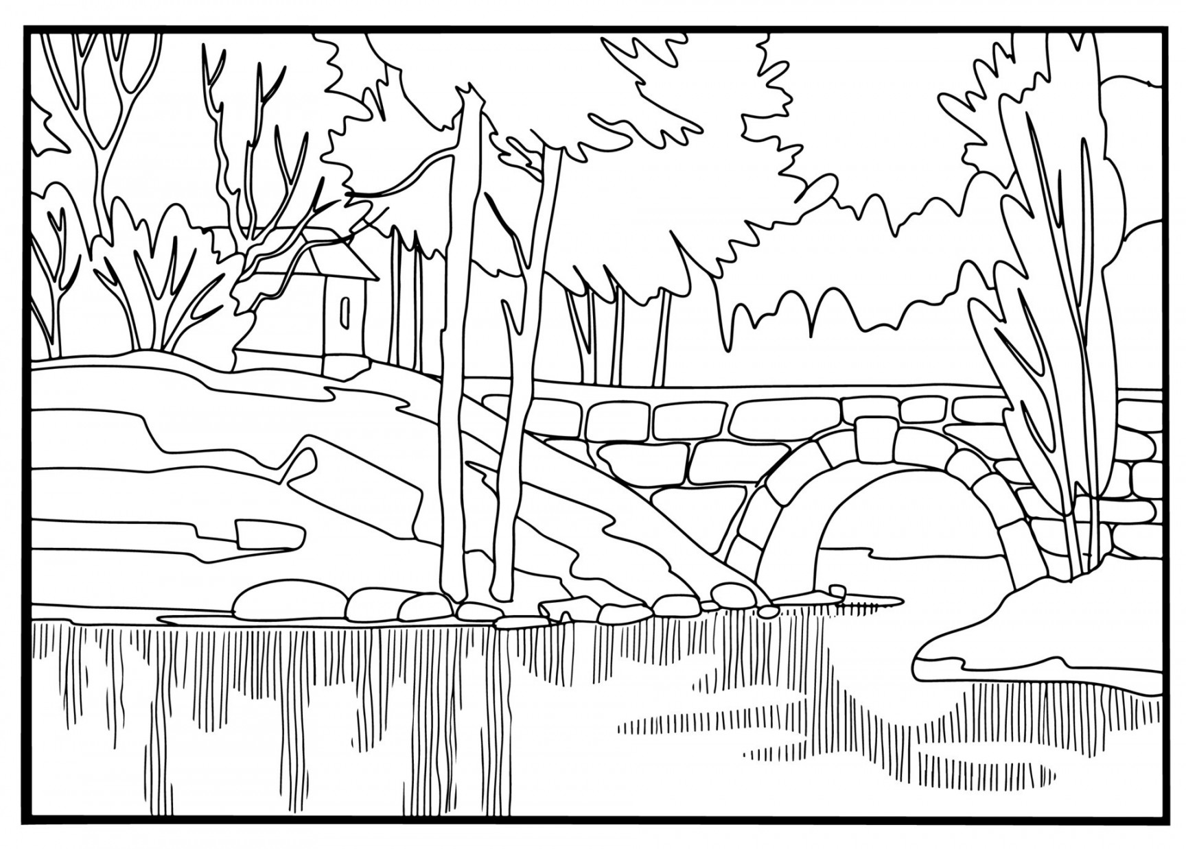 Coloring book . Lovely landscape, river, bridge and trees