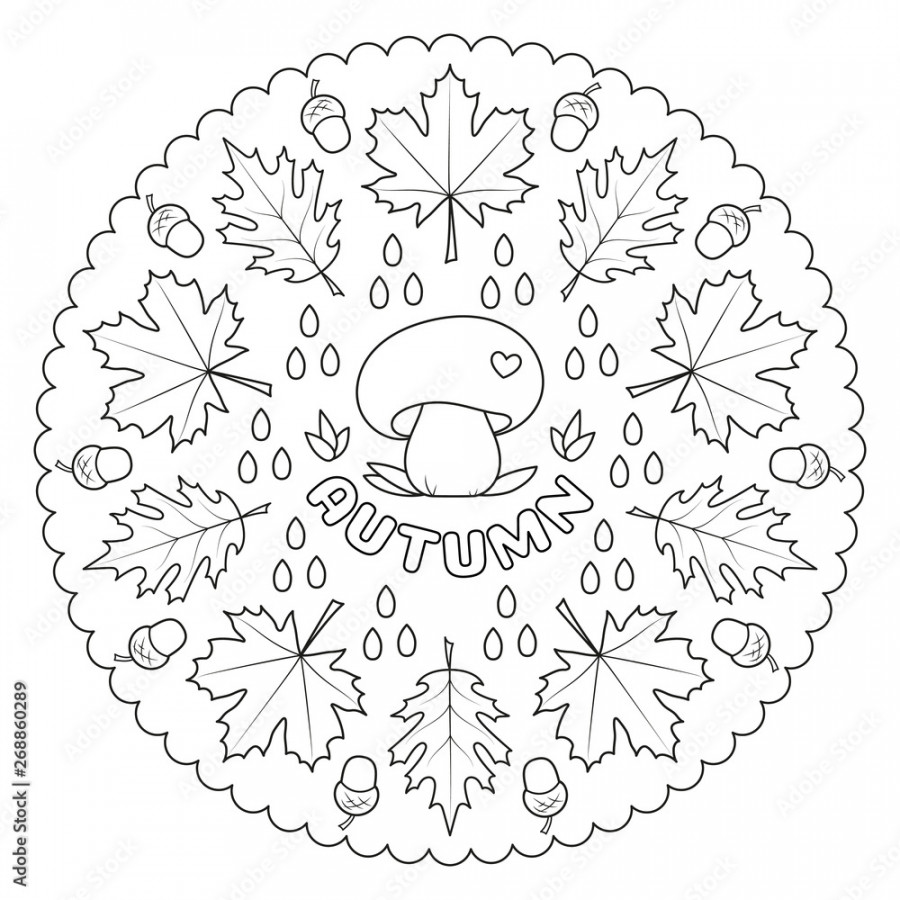 Coloring page mandala for kids with AUTUMN leaves, mushroom and