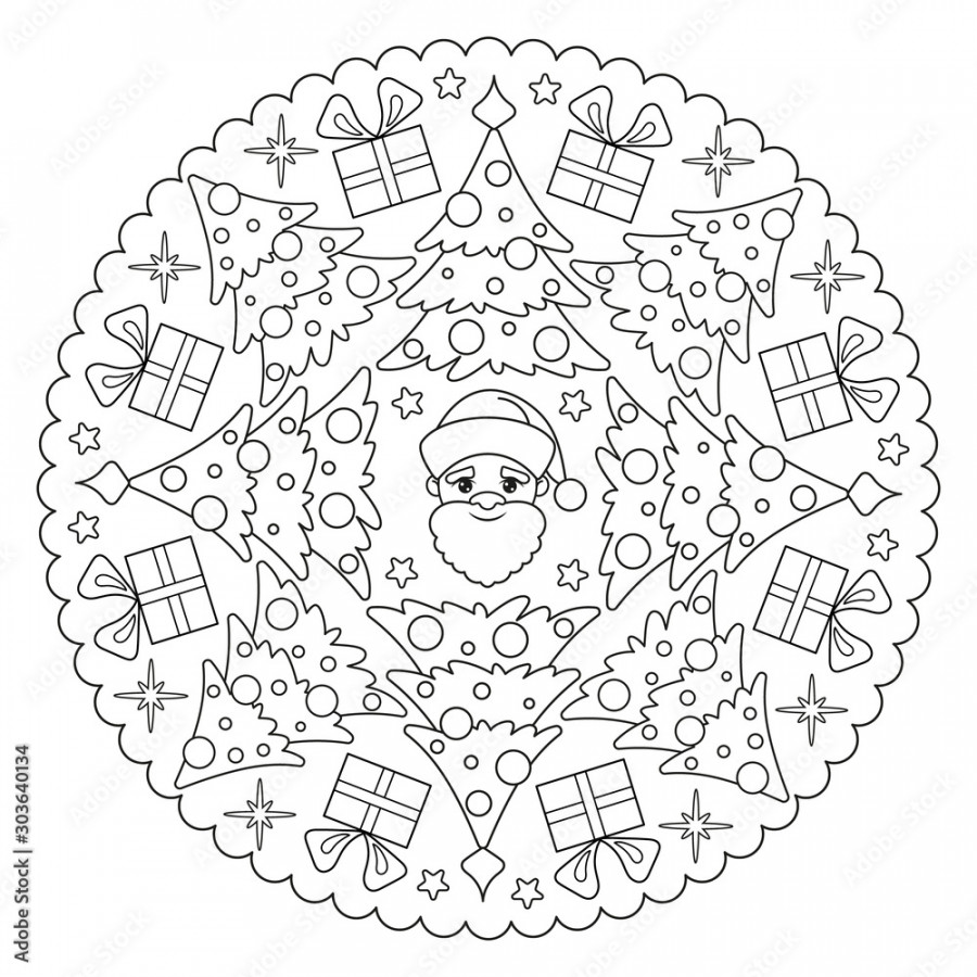 Coloring Page Mandala For Kids With Winter, Christmas and Happy